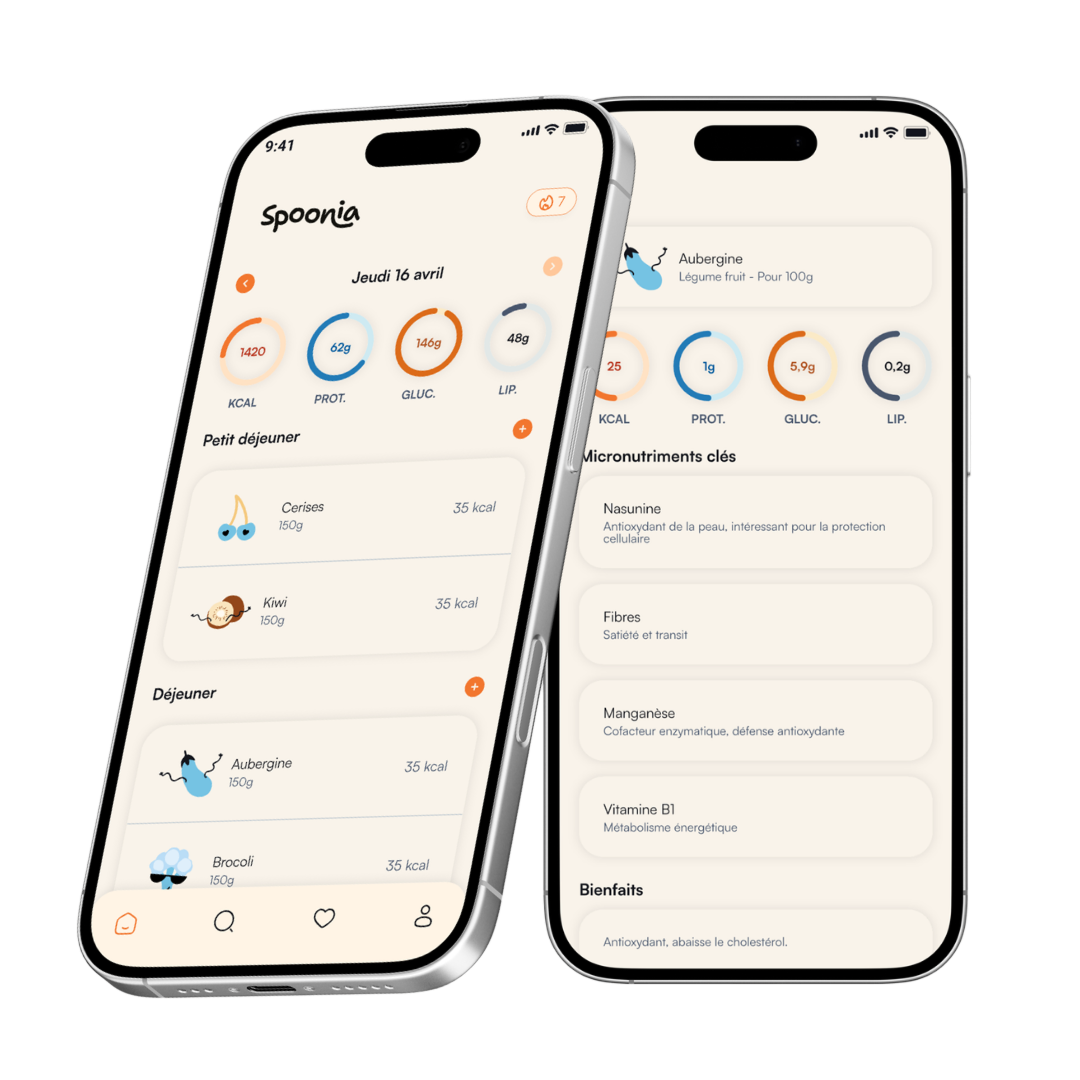 Aperçu de l'application Spoonia — journal alimentaire et micronutriments